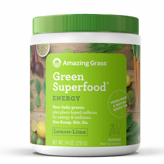 Amazing Grass Energy Green Superfood Organic Powder with Wheat Grass and Greens, Natural Caffeine with Yerba Mate and Matcha Green Tea, Flavor: Lemon Lime, 30 Servings