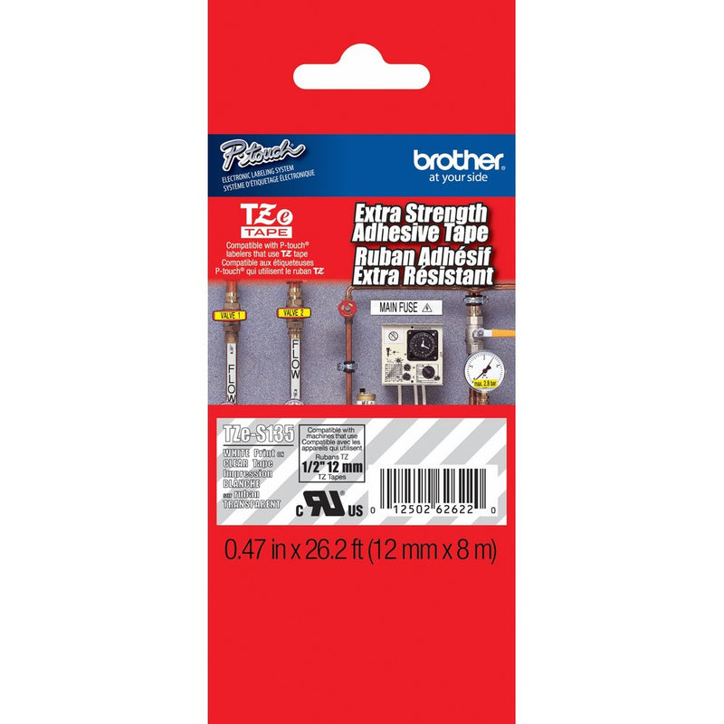 Brother Laminated Extra-Strength White on Clear 1/2 Inch Tape - Retail Packaging (TZeS135) - Retail Packaging