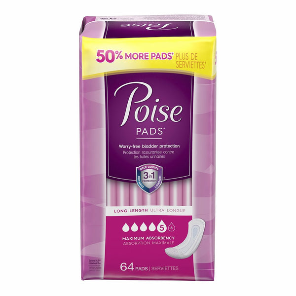 Poise Incontinence Pads, Maximum Absorbency, Long, 64 Count