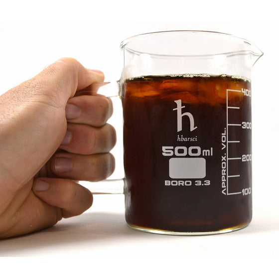 EISCO Premium Hand Crafted Beaker Mug, Thick Borosilicate Glass, Large Size, Pint Glass or Coffee Mug Sized, 500 ml Capacity, 16.9 oz.