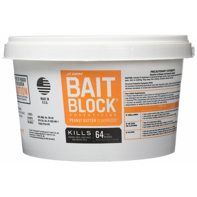 JT Eaton 704-PN Bait Block Rodenticide Anticoagulant Bait, Peanut Butter Flavor, For Mice and Rats (Pail of 64)