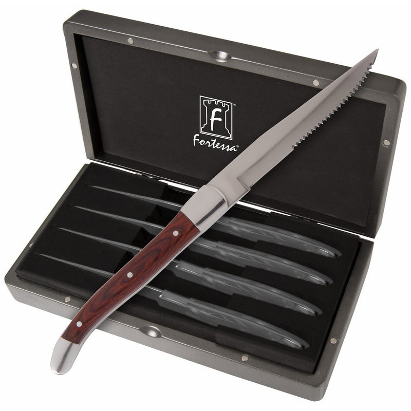 Fortessa Provencal 4-Piece Serrated Steak Knife Set with Box, 9.25-Inch, Dark Wood Handle