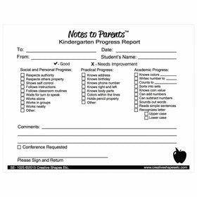 Creative Shapes Etc. Notes to Parents Kindergarten Progress Report Learning Aid