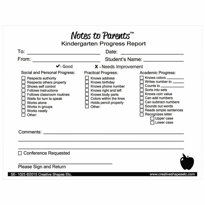 Creative Shapes Etc. Notes to Parents Kindergarten Progress Report Learning Aid