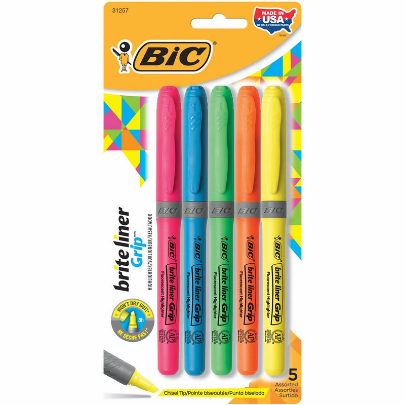 Bic Brite Liner Grip Highlighter, Chisel Tip, 5/ST, Assorted