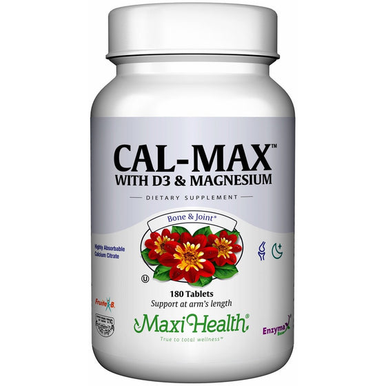 Cal-Max - Calcium Citrate w/Vitamin D3 and Magnesium For Maximum Absorption and Potency - Bone & Joint Support - 1000mg per Serving - 180 Tablets - Kosher