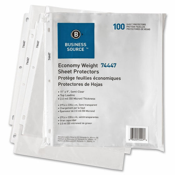 Business Source 74447 Sheet Protectors,Top Load,3HP,2.0mil,11 in.x8-1/2 in.,100/PK,Semi-Clear