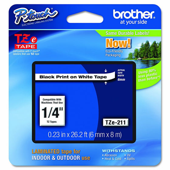 Brother P-touch 1/4" (0.23") Black on White Standard Laminated Tape - 26.2 ft. (8m)