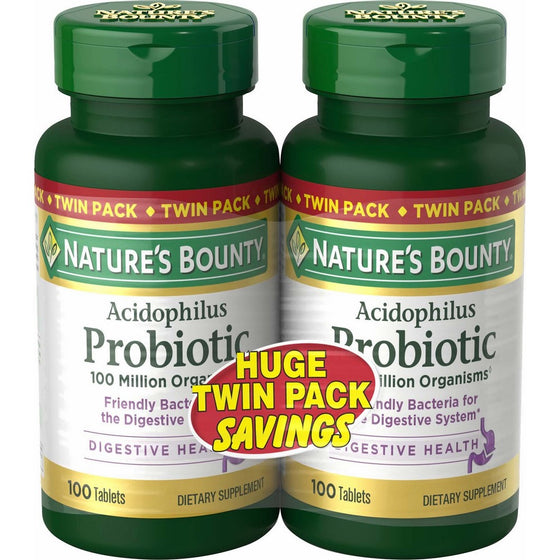 Nature's Bounty Probiotic Acidophilus, 100 Tablets (Pack of 2), Dietary Supplement for Digestive Health(1), with Friendly Bacteria, Gluten Free, Dairy Free