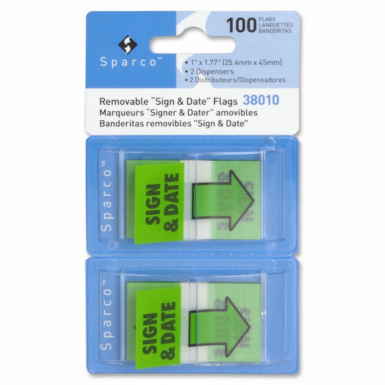 S.P. Richards Company Flags in Dispenser,Sign and Date, 1 x 1-3/4 Inches, 100 per Pack, Green (SPR38010)