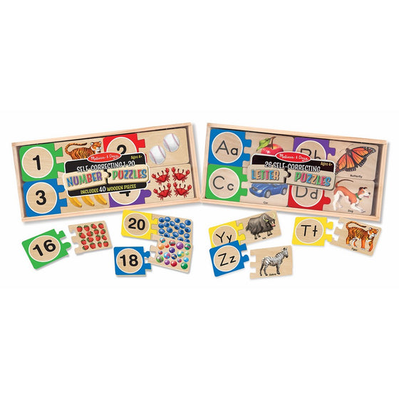 Melissa & Doug Self-Correcting Letter and Number Wooden Puzzles Set With Storage Box