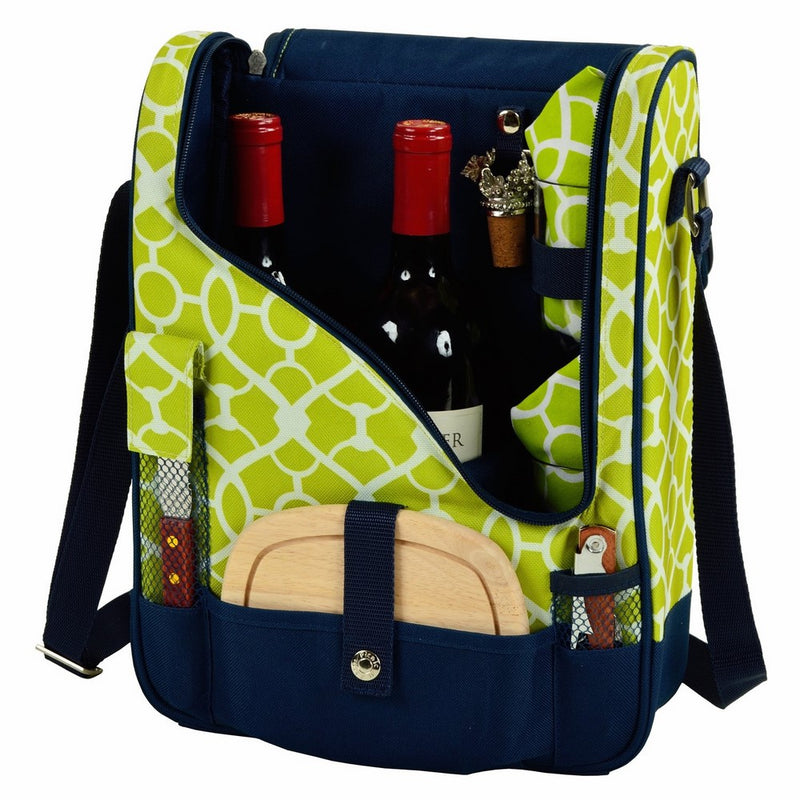 Picnic at Ascot Wine and Cheese Cooler Bag Equipped for 2 with Glasses, Napkins, Cutting Board, Corkscrew , etc.- Trellis Green
