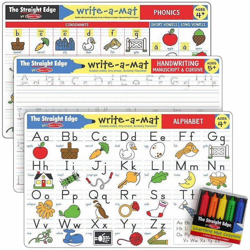 Letters & Words Write-a-Mat w/ Crayon Bundle for Ages 4 to 5: Alphabets, Phonics & Handwriting - The Straight Edge Series