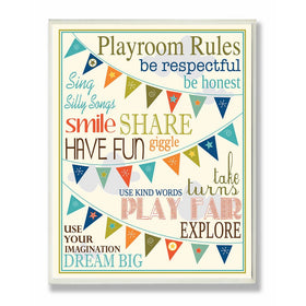 Stupell Home Décor Playroom Rules With Pennants In Blue Rectangle Wall Plaque, 10.25 x 0.5 x 14.75, Proudly Made in USA