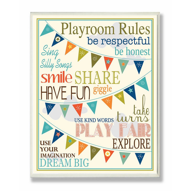 Stupell Home Décor Playroom Rules With Pennants In Blue Rectangle Wall Plaque, 10.25 x 0.5 x 14.75, Proudly Made in USA