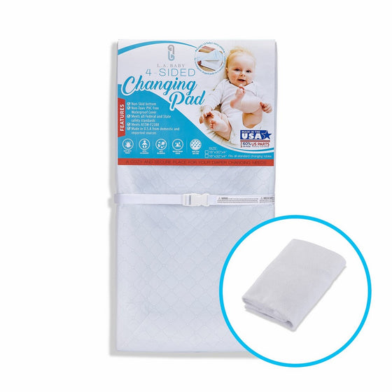 [Combo Pack]LA Baby Waterproof 4 Sided Changing Pad 30" & White Terry Cover - Made in USA. Easy to Clean, Non-Skid Bottom, Safety Strap, Fits All Standard Changing Tables for Best Diaper Change