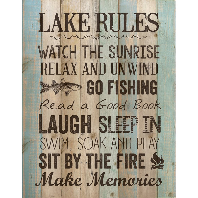 P Graham Dunn Lake Rules Relax Unwind Fishing Memories 16 x 12 inch Pine Wood Plank Wall Sign Plaque