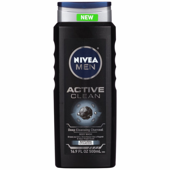 NIVEA Men Active Clean Body Wash, Natural Charcoal, 16.9 Fluid Ounce (Pack of 3)