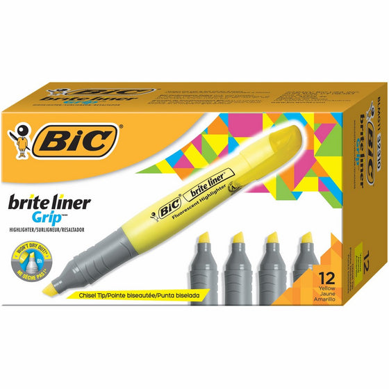 BIC Brite Liner Grip Highlighter, Tank, Chisel Tip, Yellow, 12-Count