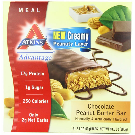 Atkins Advantage Bars, Chocolate Peanut Butter, 2.1-Ounce Bars 5 count, (Pack of 2)