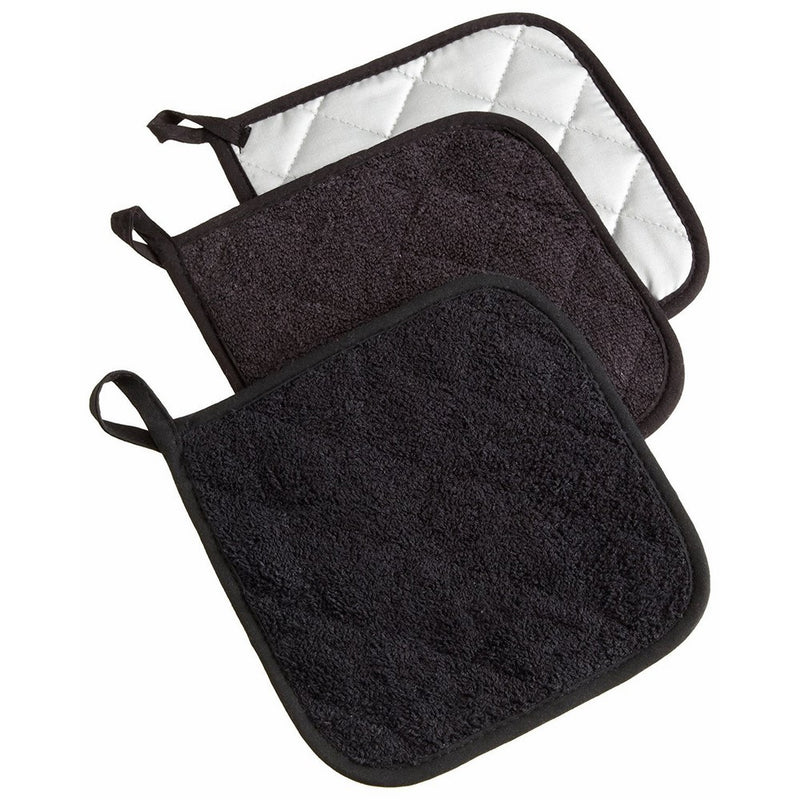DII Cotton Terry Pot Holders, 7x7"Set of 3, Heat Resistant and Machine Washable Hot Pads for Kitchen Cooking and Baking-Black