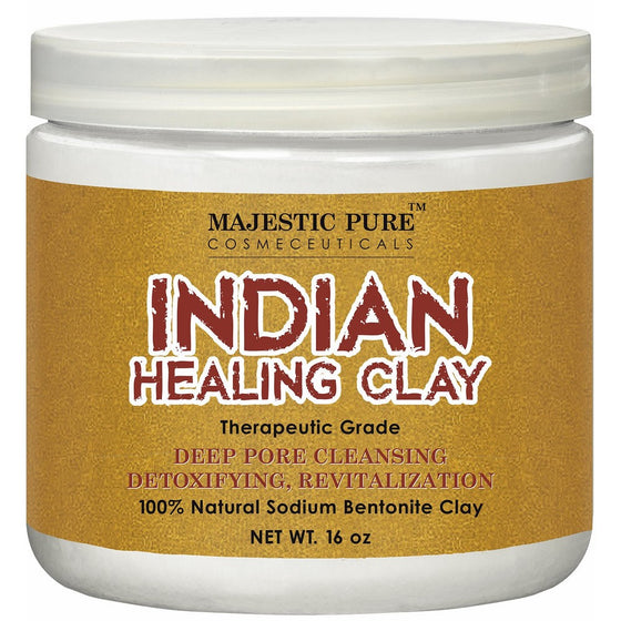 Majestic Pure Indian Healing Clay Powder, Deep Pore Cleansing Facial, Body and Hair Mask, Natural Sodium Bentonite Clay, 16oz