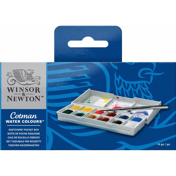 Winsor & Newton Cotman Water Colour Paint Sketchers' Pocket Box, Half Pans, 14-Pieces