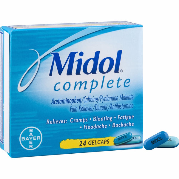 Midol Complete, Menstrual Period Symptoms Relief Including Premenstrual Cramps, Pain, Headache, and Bloating, Gelcaps, 24 Count