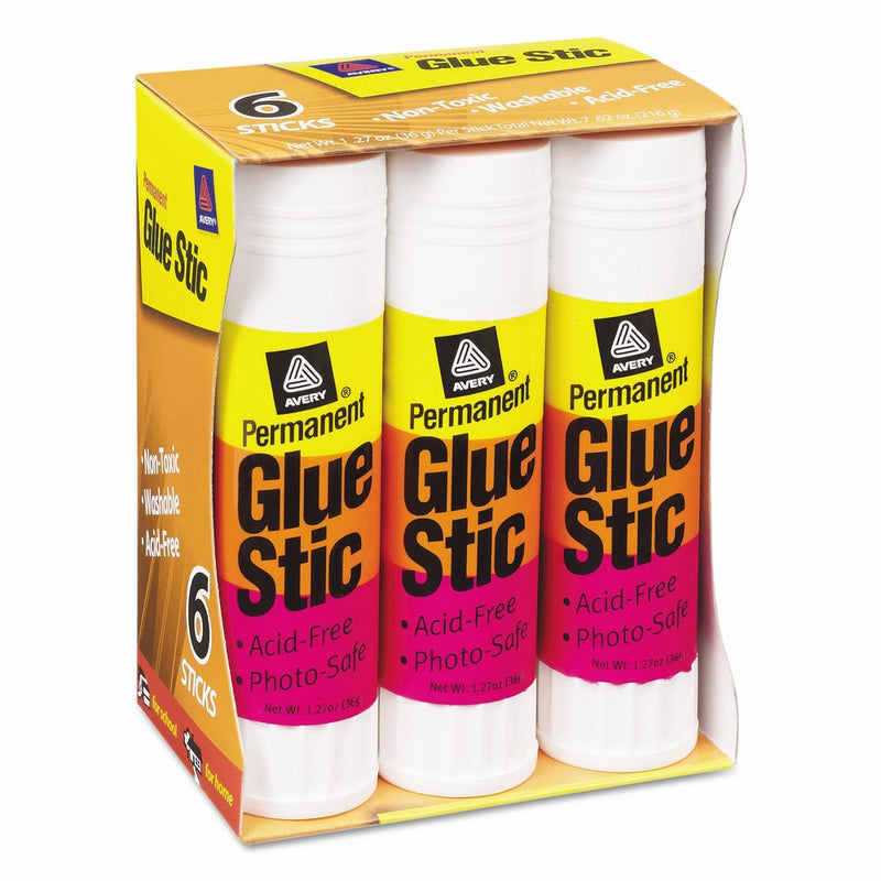 Avery 98073 Permanent Glue Stics, White Application, 1.27 oz (Pack of 6)