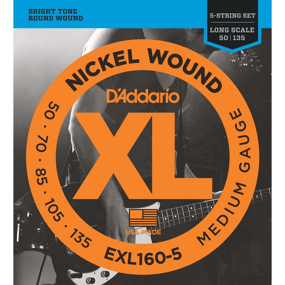 D'Addario EXL160-5 5-String Nickel Wound Bass Guitar Strings, Medium, 50-135, Long Scale