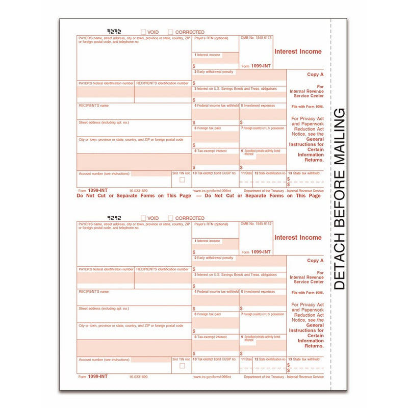 TOPS 2016 - 1099 Interest Tax Forms for Laser Printers, 8.5 x 11 Inches, 4 Parts, Loose Format, White, 24 forms per Pack (22983)