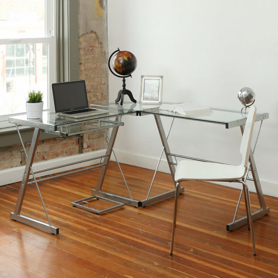 Walker Edison 3-Piece Contemporary Glass and Steel Desk, Silver