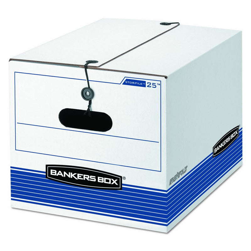 Bankers Box 0002501 Storage Box, Legal/Letter, Tie Closure, White/Blue, 4/Carton