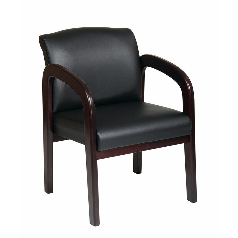 Office Star Visitors Chair with Mahogany FinishBase and Arms, Black Faux Leather