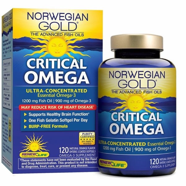 Norwegian Gold - Critical Omega - Omega 3 fish oil supplement - burpless - brain and heart health- 120 softgel capsules - a Renew Life brand