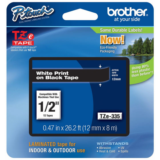 Brother P-touch 1/2" (0.47") White on Black Standard Laminated Tape - 26.2 ft. (8m)