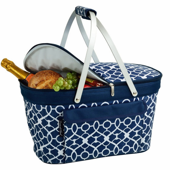 Picnic at Ascot Large Family Size Insulated Folding Collapsible Picnic Basket Cooler with Sewn in Frame - Trellis Blue