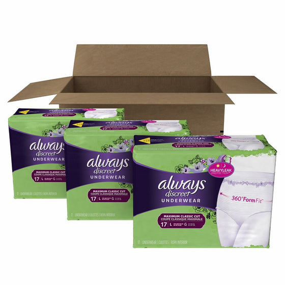 Always Discreet Incontinence Underwear for Women, Maximum Absorbency, Large, 51 Count