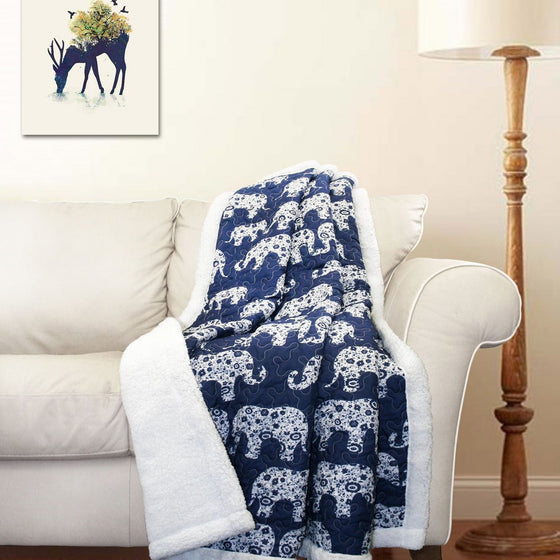 Lush Decor Elephant Parade Sherpa Throw, 60 x 50", Navy