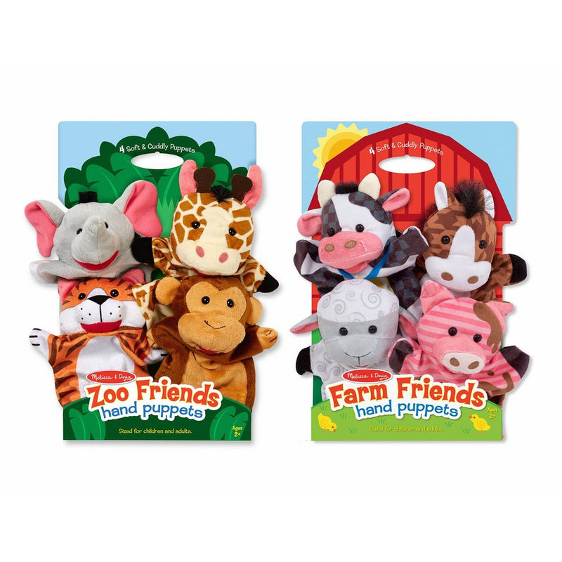 Melissa & Doug Animal Hand Puppets (Set of 2, 4 animals in each) - Zoo Friends and Farm Friends