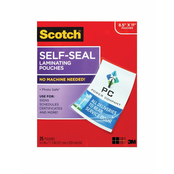 Scotch Self-Sealing Laminating Pouches, 25 Sheets, 9.0 in x 11.5 in, Gloss Finish Letter Size (LS854-25G-WM)
