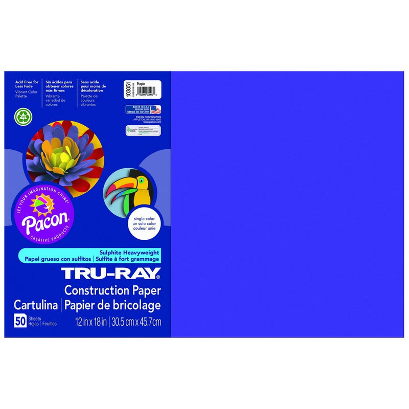 Pacon Tru-Ray Construction Paper, 12-Inches by 18-Inches, 50-Count, Purple (103051)