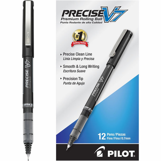 Pilot Precise V7 Roller Ball Stick Pen, Precision Point, Ink.7mm, Pack of 12, Black (35346)