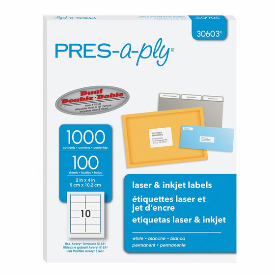 Pres-a-ply Laser Labels, 2 x 4 Inch, White, 1000 Count (30603)