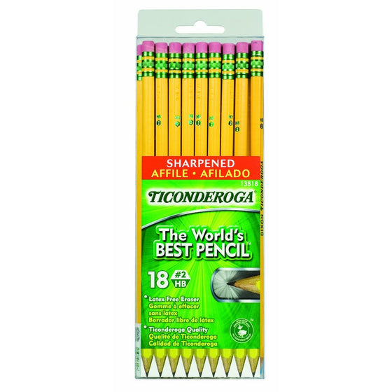 Dixon Ticonderoga Wood-Cased #2 HB Pencils, Pre-Sharpened, Hang Tab Box of 18, Yellow (13818)