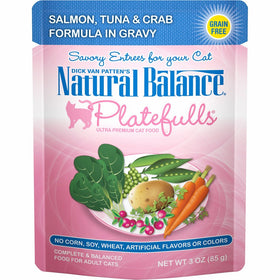 Natural Balance Platefulls Grain Free Cat Food, Salmon, Tuna, and Crab Formula in Gravy, 3-Ounce Pouches (Pack of 24)