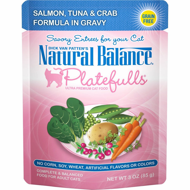 Natural Balance Platefulls Grain Free Cat Food, Salmon, Tuna, and Crab Formula in Gravy, 3-Ounce Pouches (Pack of 24)