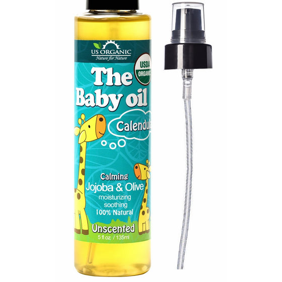 US Organic Baby Oil with Calendula, Unscented - Jojoba and Olive Oil with Vitamin E, USDA Certified Organic, No Alcohol, Paraben, Artificial Detergents, Color, Synthetic Perfumes, 5 fl. Oz
