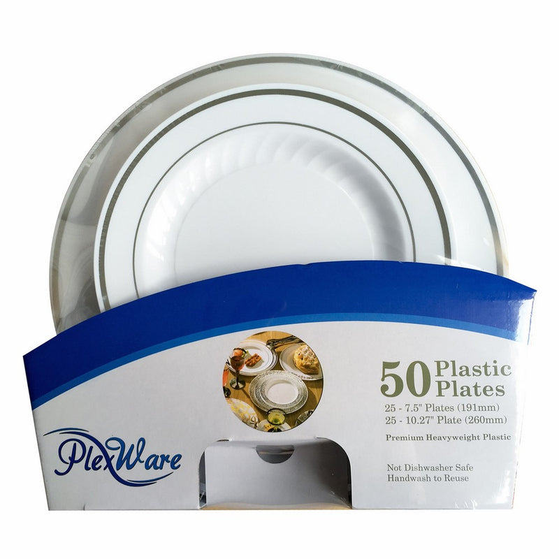 Plexware Plastic Plates, Silver Rim with Ridges, 25-7.5" & 25-10.27", 50 Piece