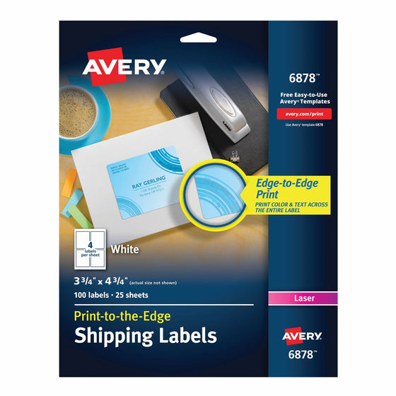 Avery Print-to-the-Edge Shipping Labels for Color Laser Printers and Copiers, 3.75 x 4.75 Inch, Pack of 100 (6878)